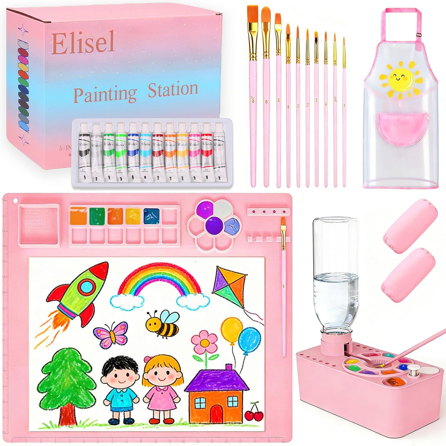 Elisel Painting Station,5 IN 1 Art Paint Supplies Kits,Paint Brush Cleaner (Upgraded),Silicone Painting Mat 12 Colors Paint Set,10 Paint Brushes,Painting Apron for Kids Artist Beginners (Pink, 5)