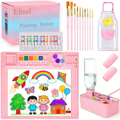 Elisel Painting Station,5 IN 1 Art Paint Supplies Kits,Paint Brush Cleaner (Upgraded),Silicone Painting Mat 12 Colors Paint Set,10 Paint Brushes,Painting Apron for Kids Artist Beginners (Pink, 5)