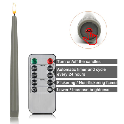 CVHOMEDECO. Flameless Taper Candles with 10-Key Remote, Battery Operated Led Flickering 3D Wick Window Candles Real Wax Finished Home Christmas Party Decor 0.78 x 11 Inch, Pack of 3, Grey