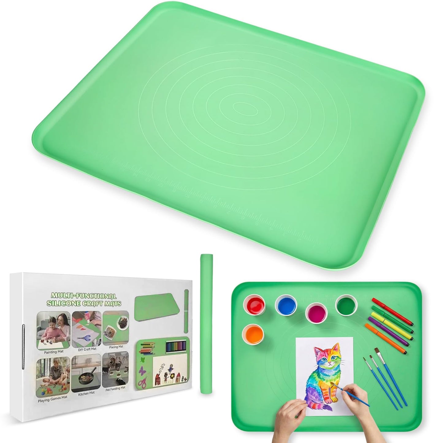 Extra Large Silicone Painting Mat for Crafts, 24”x 19” Waterproof Art Mat for Kids with Raised Sides, Crafts Mat for Paint, Clay Playdough, & Jewelry-Making, Green