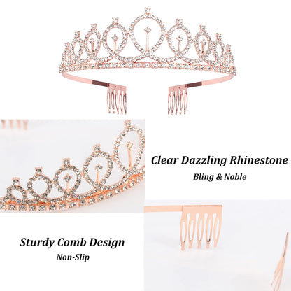 CAVETEE Birthday Crown and Sash for Women, Rose Gold Rhinestone Tiara Set for Decorations