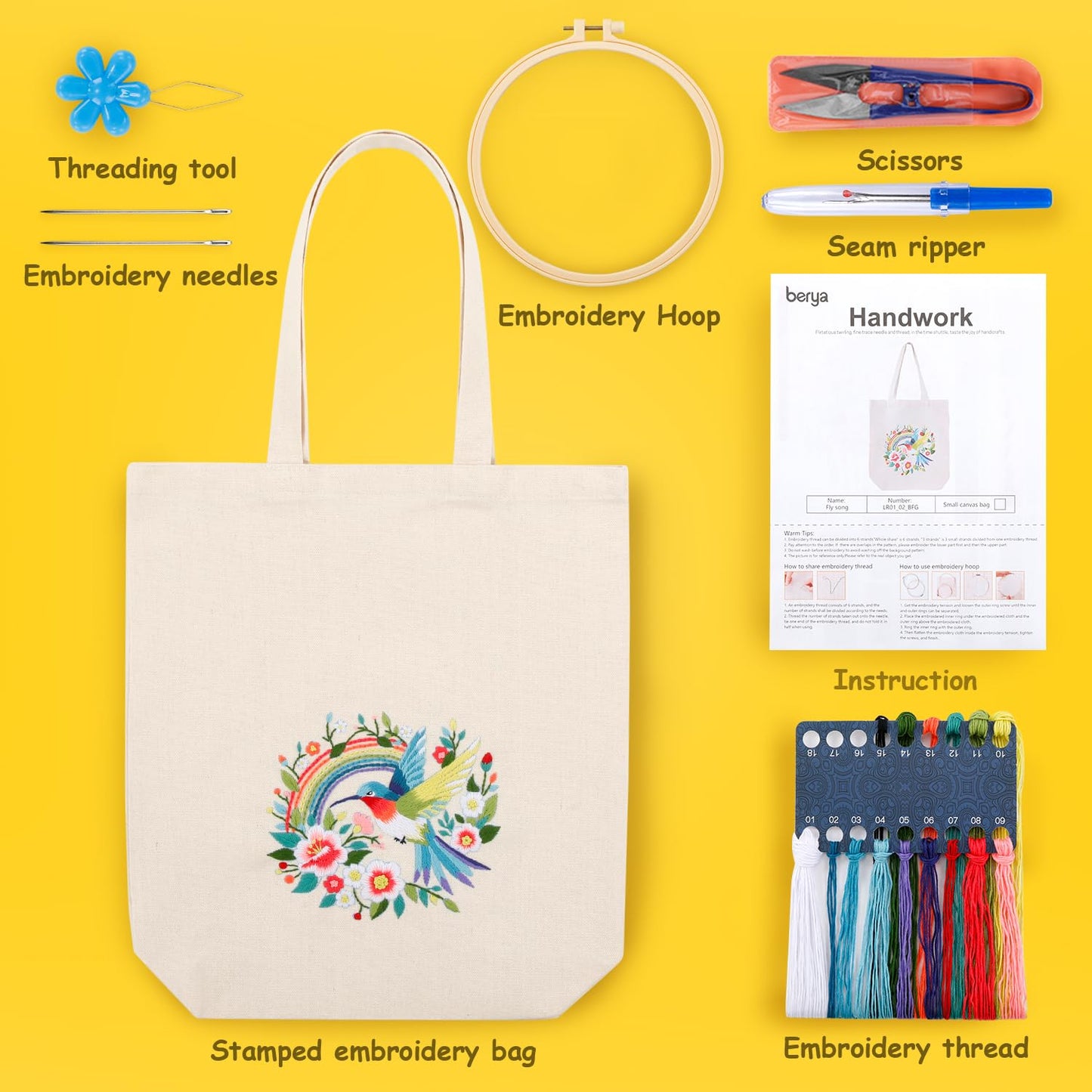 BERYA Embroidery Starter Kit for Beginners, Canvas Tote Bag with Pre-Printed Floral Pattern, DIY Cross Stitch Kit Including Hoop, Color Threads, Tools and Instructions (Fly Song)