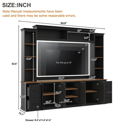 Merax 4-in-1 Wall Unit Entertainment Center with Bookshelf for TVs Up to 70", Farmhouse Large TV Stand with Walnut Adjustable Shelves, Elegant Retro Media Console with Drawers for Living Room, Black