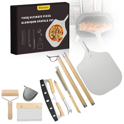 The 7-piece pizza oven accessory set is perfect for making pizza. Comprises a pizza shovel, an oven brush, a bubble Popper deformer, a rocking knife, a silica gel clamp, a dough roller and a scraper.