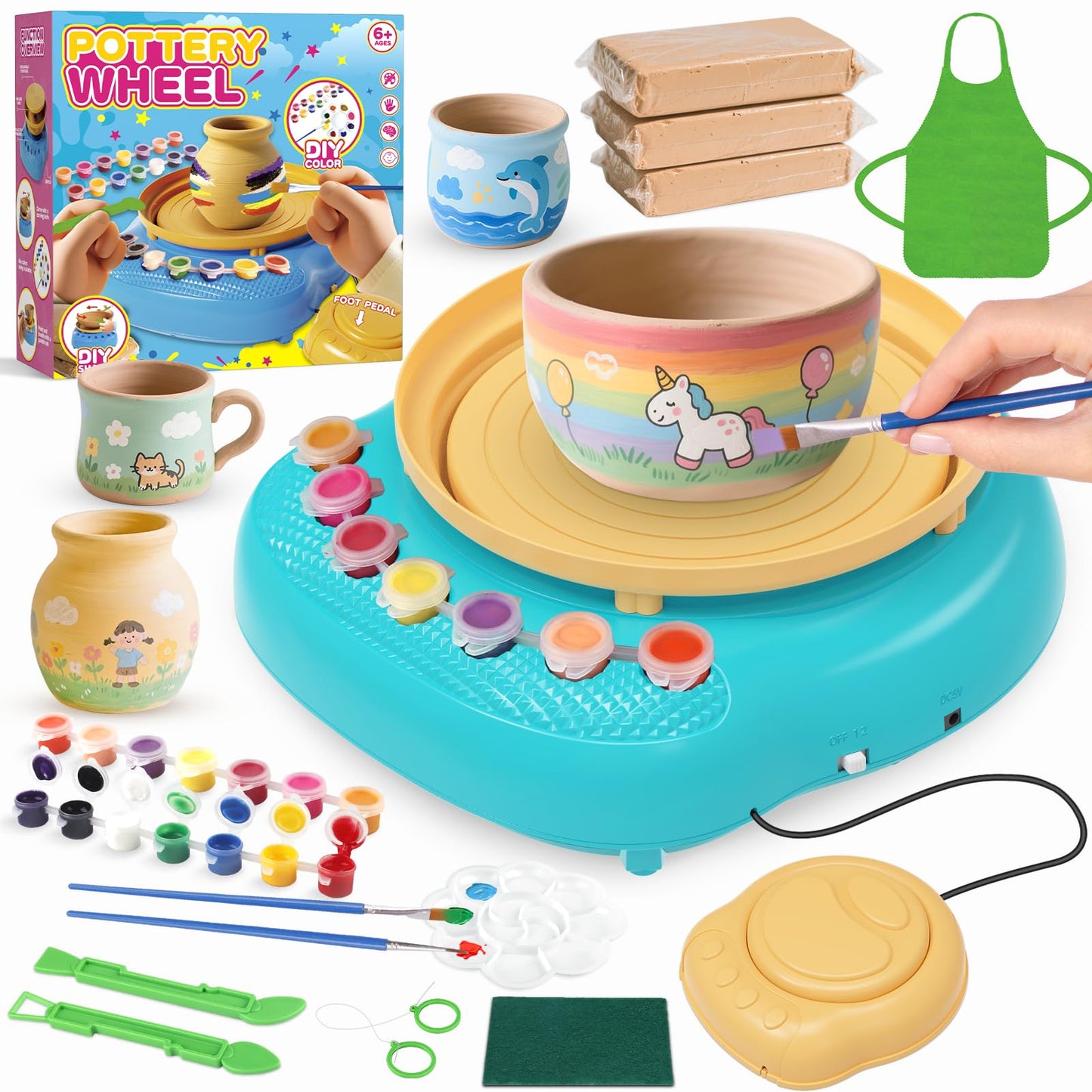 Pottery Wheel for Kids, Arts & Crafts Pottery Painting Toys Kit for Kids Ages 8-12, Art Supplies with 3 Pack Air Dry Clay and Clay Tools, Birthday Easter Gift for Girls Boys 6 7 8 9 10 11 12