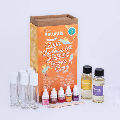 Kiss Naturals - Lava Lip Gloss Kit - With Organic Castor Oil, Safflower Oil, Coconut Oil - STEM DIY Science Kit - Make 6 Lip Gloss - 2 Natural Flavors - Birthday, Holiday, Party Gift for Girls