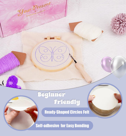 Nuoviyiya Punch Needle Kit for Adults Beginner - Complete Punch Stitching Kits with 6 Patterned Fabrics, Felt, Yarns, Tools and Instructions - Easy Embroidery Coaster Kit for Craft Enthusiasts