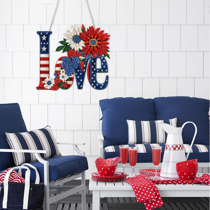 DOMROM 4th of July Love Diamond Art Hanging Kits, American Flag Floral Letter Diamond Painting, Special Shaped Gem Art Suncatchers Ornament, Independence Day Love Decor for Home Window Wall