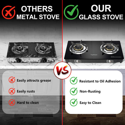 TopFleme 2 Burner Propane Stove 27,200 BTU High-Efficiency Tempered Glass Auto-Ignition Gas Burner Stove Top with CSA Hose for Outdoor RV Camping Emergency Cooking
