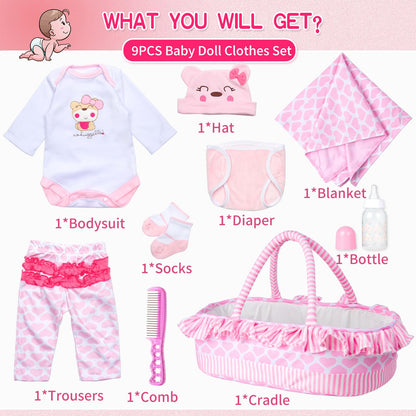 9 PCS Reborn Baby Doll Clothes Set with Pink Bassinet Accessories for 18-22 Inch Reborn Dolls,Newborn Baby Doll Clothes & Blanket