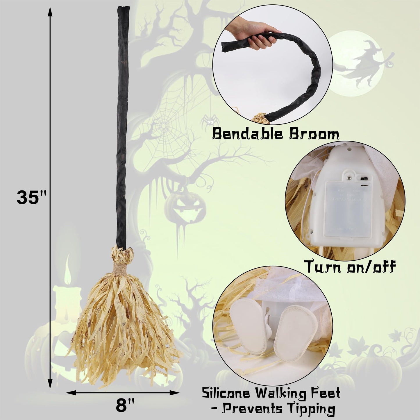 DR.DUDU 35" Animated Witches Broom Halloween Decor Magic Witch Broomstick