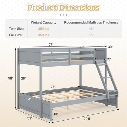 Giantex Twin Over Fulll Bunk Bed, Wood Bunk Bed with Full-Length Guardrails, Ladder, Under-Bed Storage Space for Dormitory, Bedroom, Apartment, Two Bed Frame with Slats for Teens, Kids, Adults, Grey