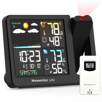 Newentor Projection Alarm Clock, Projection Clock for Bedroom Ceiling, Weather Station Thermometer with Projector Indoor Outdoor TEM&Hum, Forecast, Adjustable Backlight, Black with Red Projector