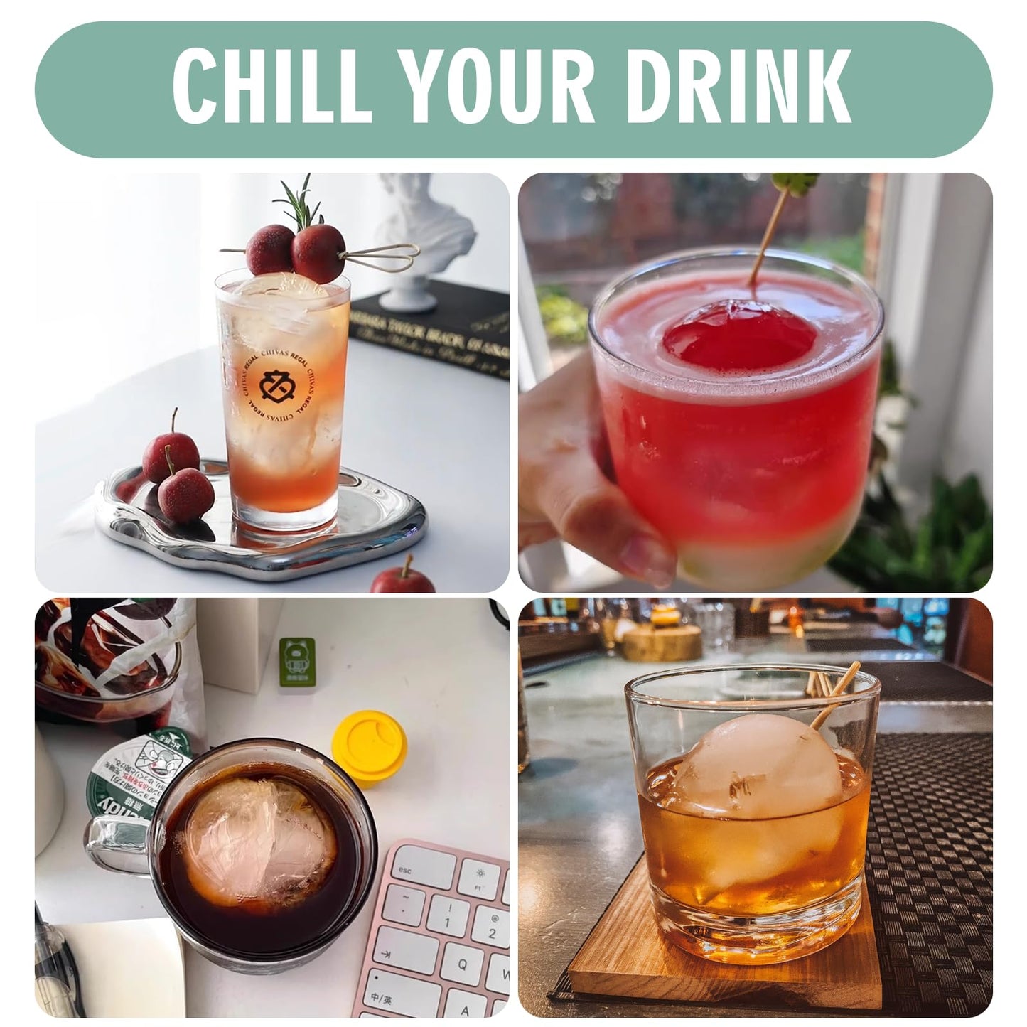 WIBIMEN Large Ice Cube Molds, Big Round Whiskey Ice Cube Trays for Freezer, Easy to Fill & Release, Whiskey Bourbon Cocktail(2.5In*8 Balls- Blue/2 Pack)