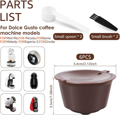6 Pcs Refillable Coffee Pods Kit, 5.4x3.5 cm Food Grade PP Coffee Capsule with 2 Spoon and 2 Brush