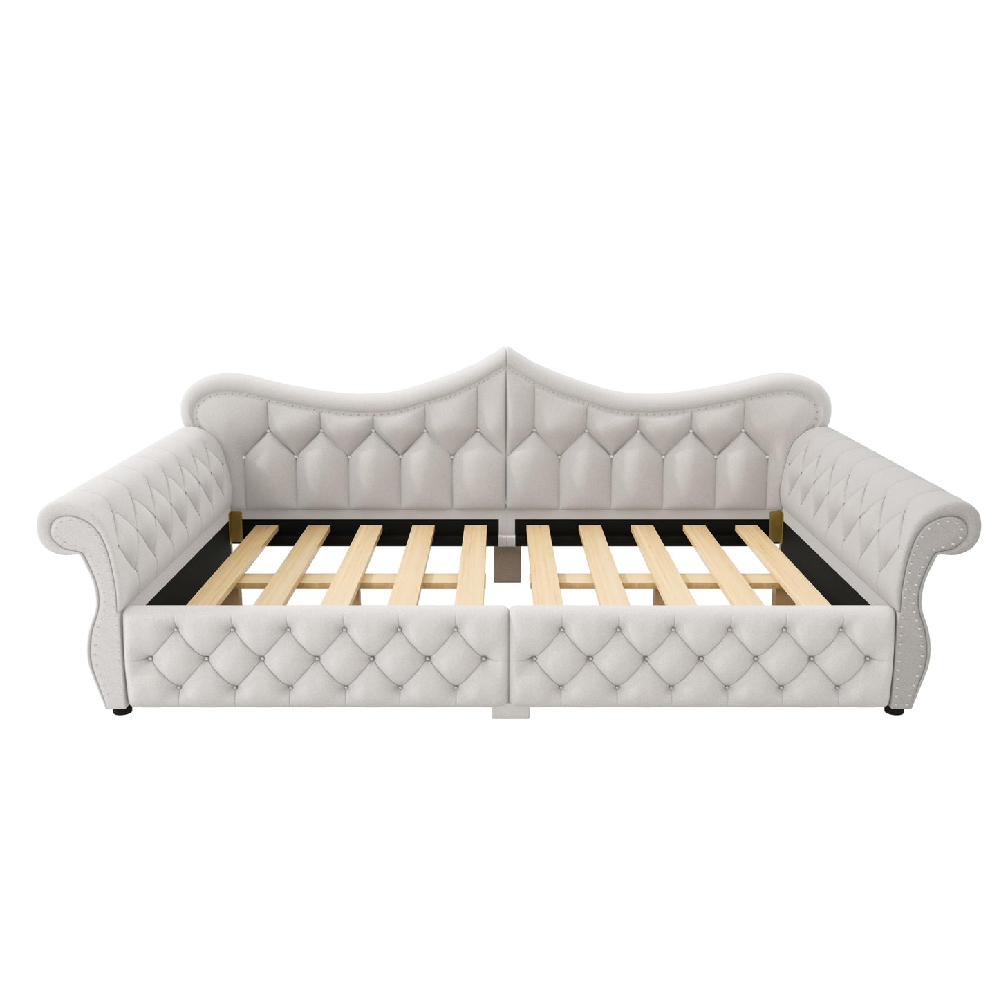 Merax Queen Size Upholstered Daybed with LED Lights, Convertible Sofa Bed, Tufted Daybed with Nailhead Trim, Wooden Frame Guest Bed for Living Room Bedroom, Beige