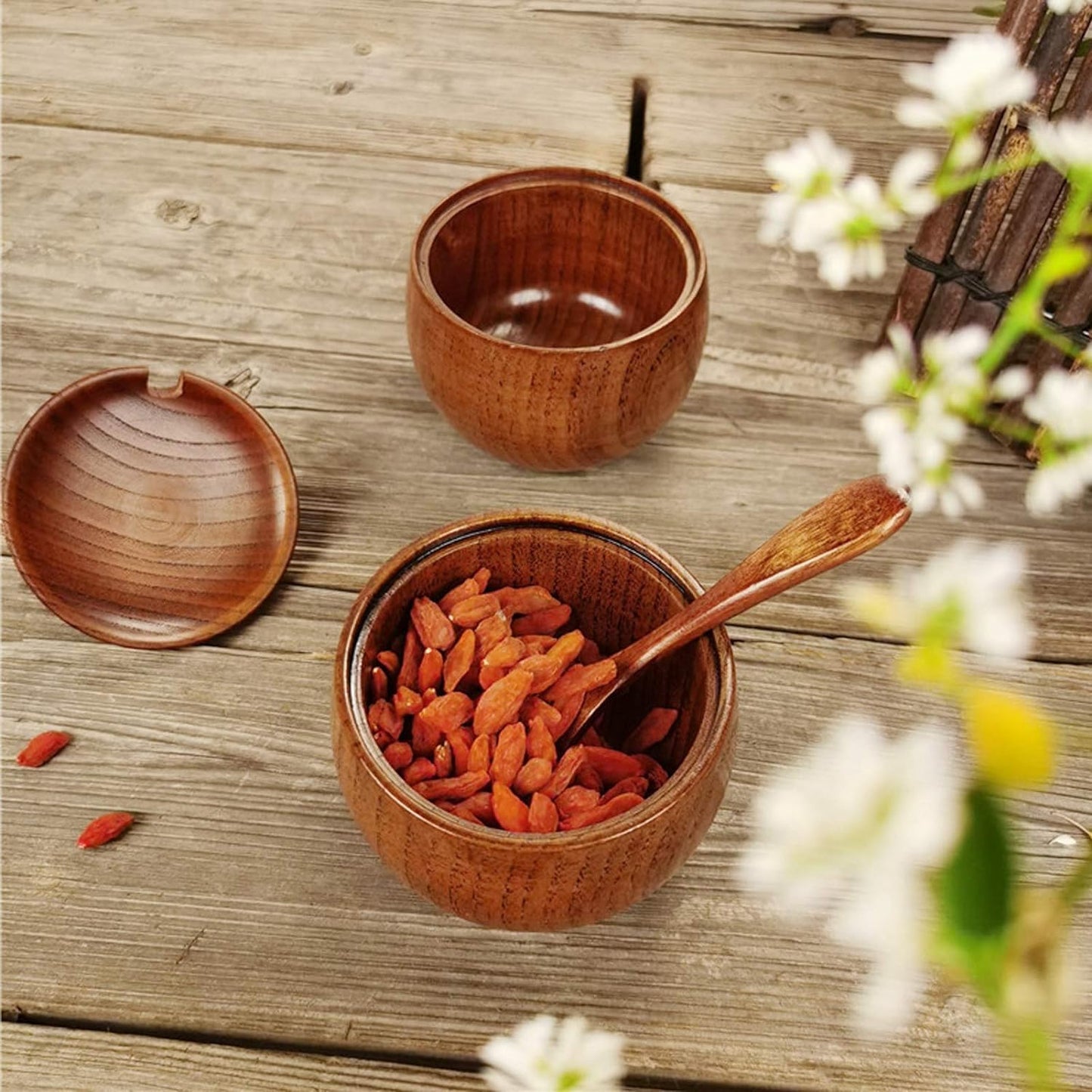 AYNEFY Solid Wood Spice Jar, Sugar Salt Pepper Storage Bowl with Spoon and Lid for Home Restaurant Food Shop