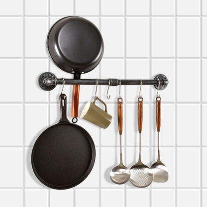 Pipe Pot Pan Rack Wall Mounted Kitchen Organizer with S Hooks, Industrial Cookware Hanger Bar Rail (24 inch, Black Gray)