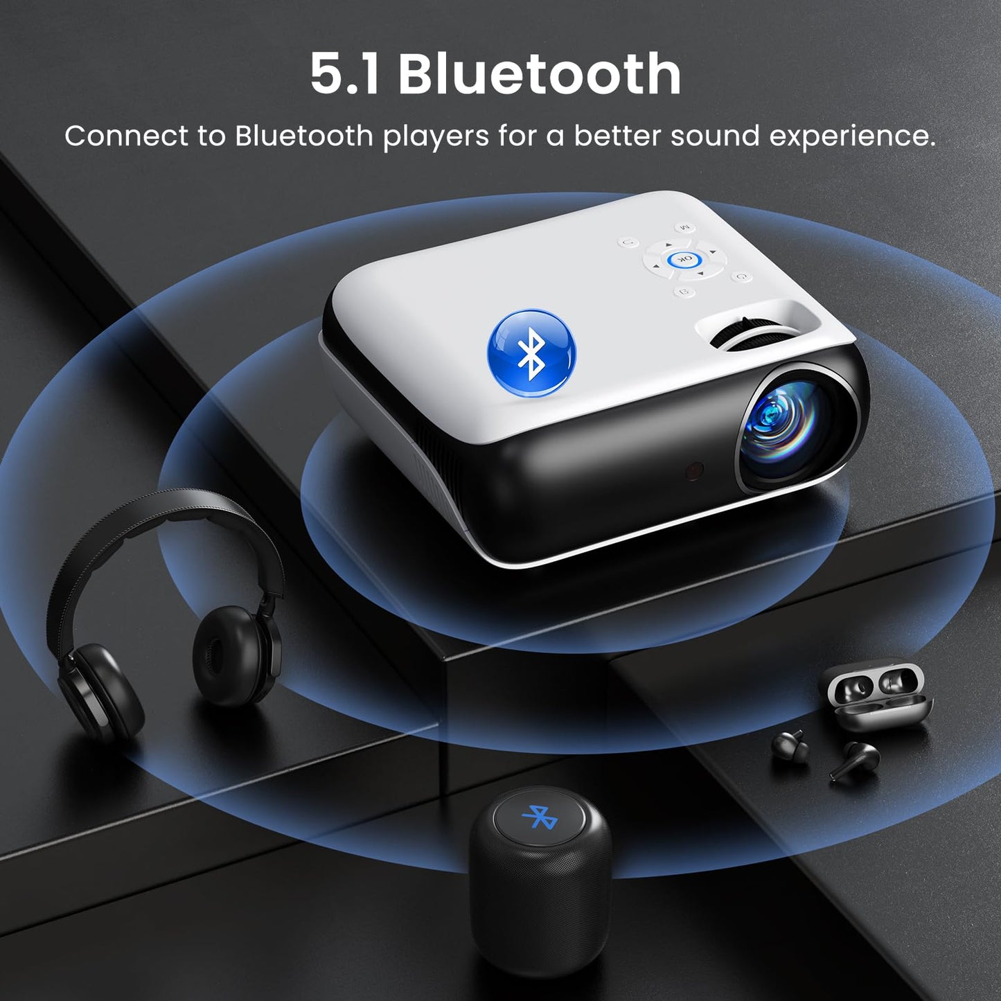 HAPPRUN Native 1080P Bluetooth Projector, Full HD Portable Outdoor Movie Projector with Built-in Speaker, Compatible with Smartphone, HDMI, USB, AV, Fire Stick, PS5 for Home, Bedroom, Outdoor Use