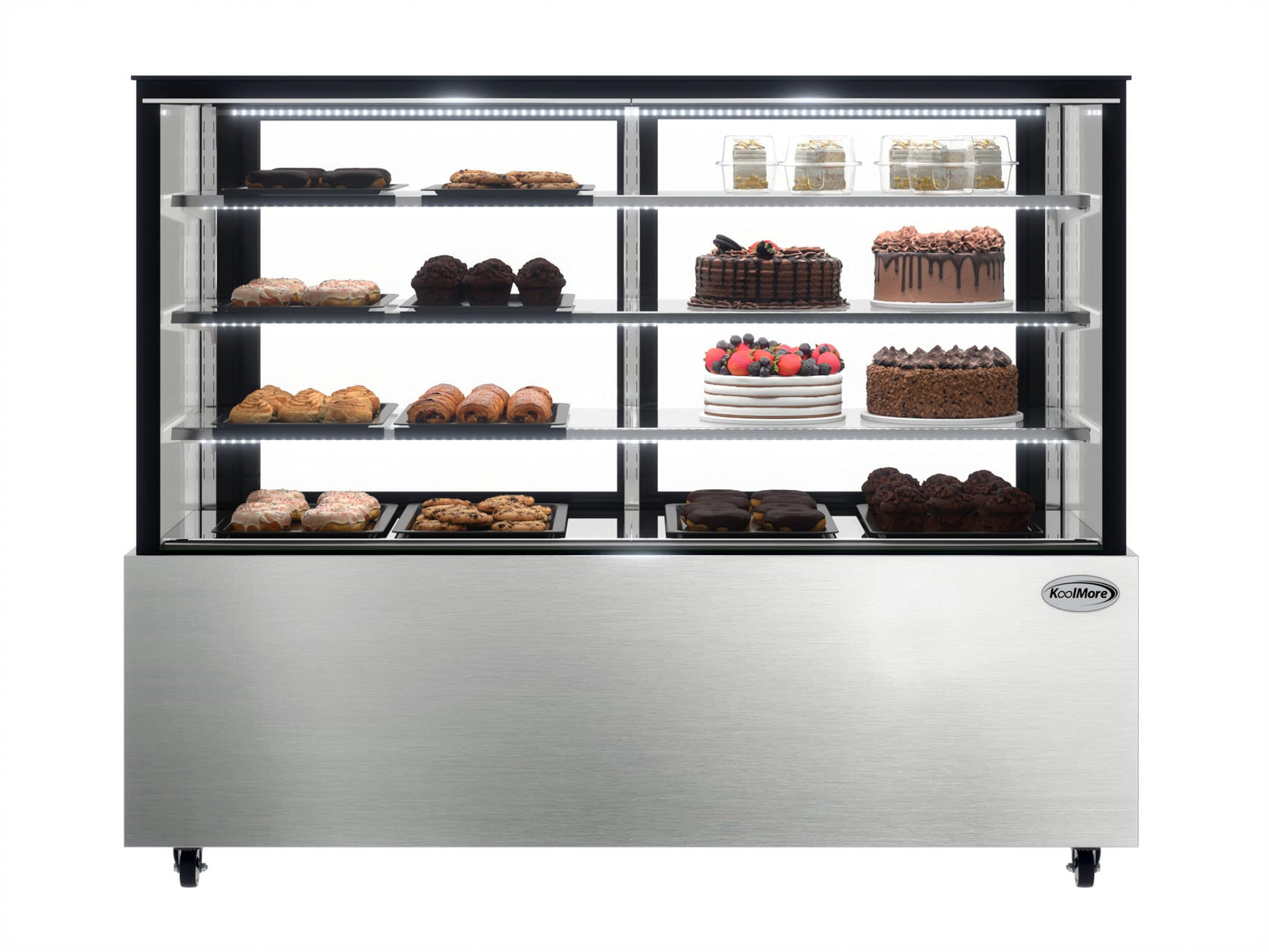 KoolMore Refrigerated Bakery Display Case for Cakes, Pies, and Pastries, 71” Stainless Steel Frame, Glass Front, Multi-Tiered Shelving Rack and LED Lighting- 30 cu.ft (RBD30C)