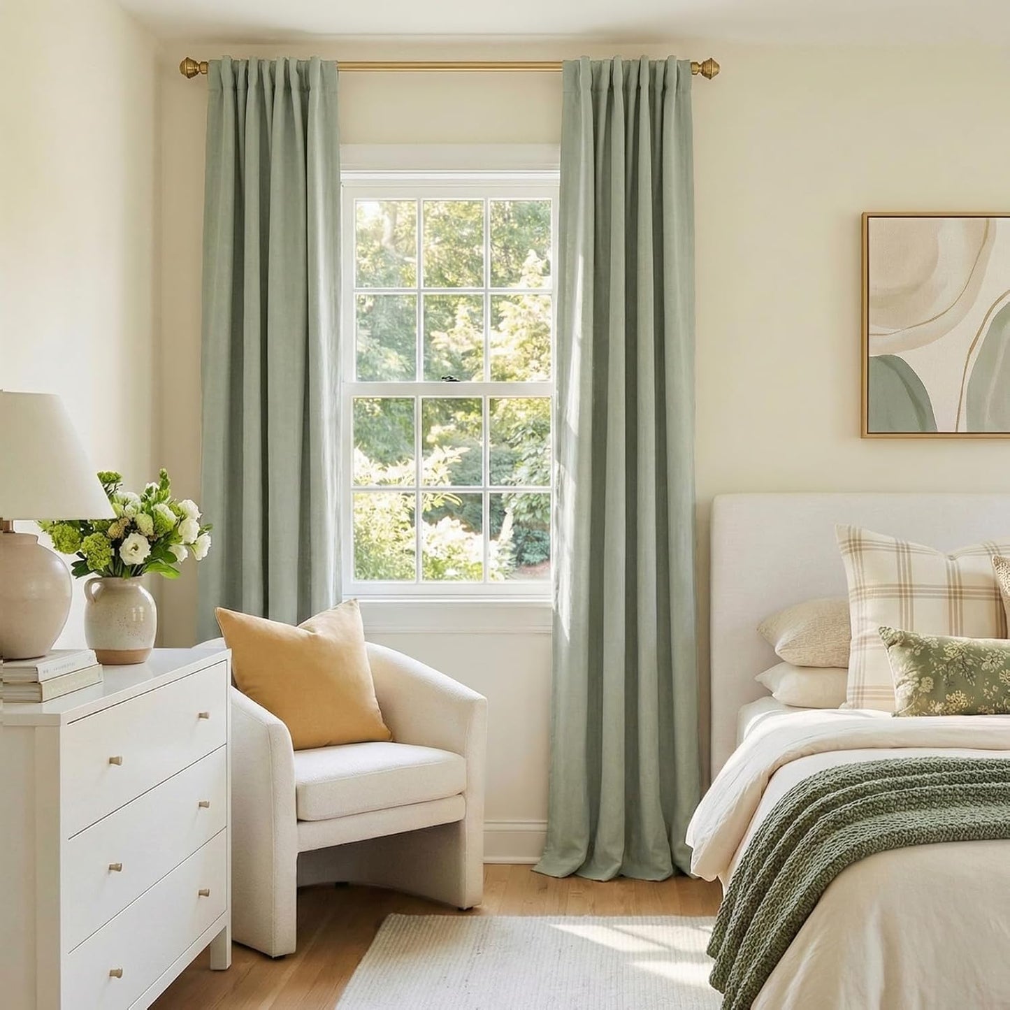 Skiennix 100% Blackout Curtains - Thermal Insulated Linen Drapes, 50" W x 90" L, Sage Green - 2 Panels Set