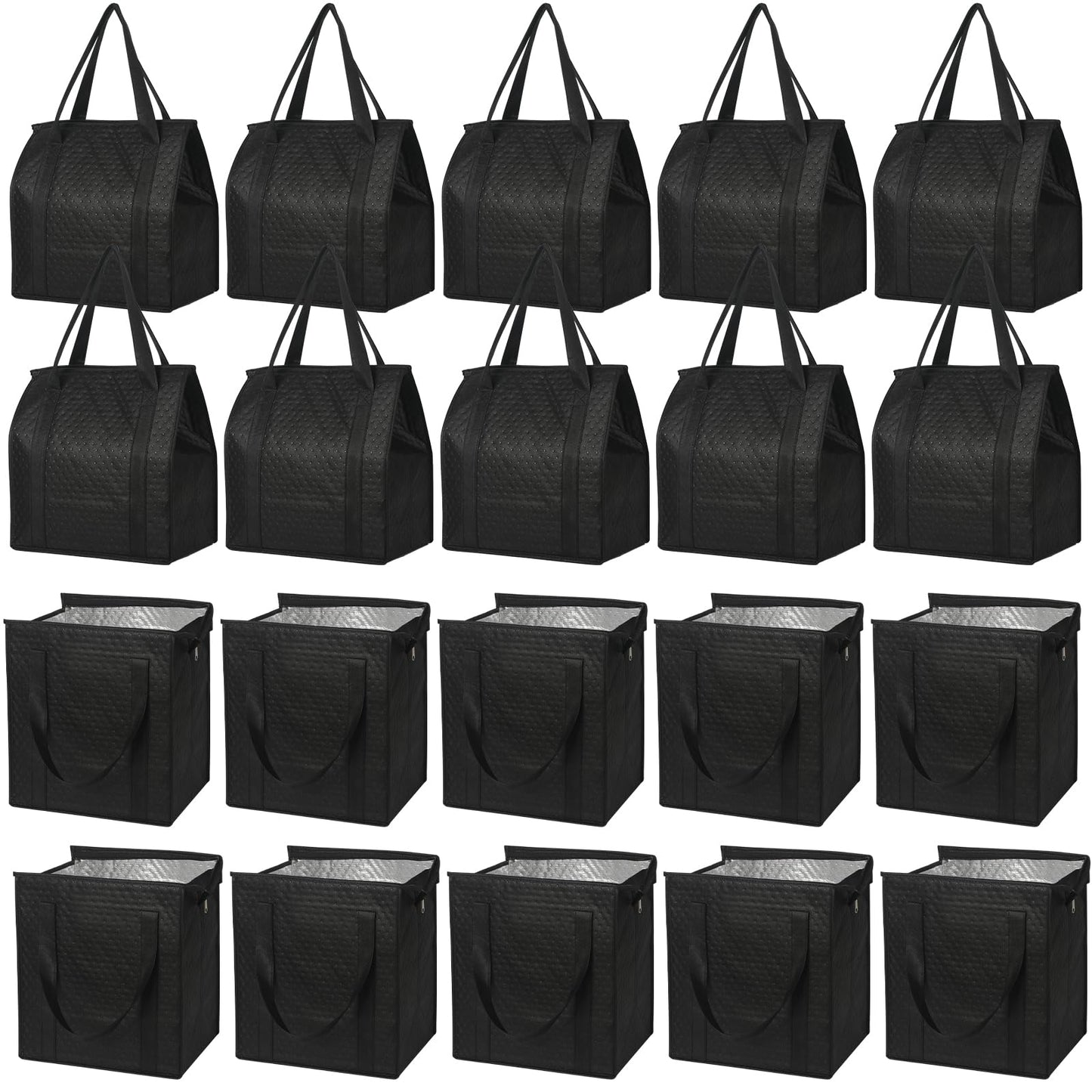 VZZNN 20 Pack Insulated Grocery Bags Bulk, Reusable Shopping Bags with Sturdy Zipper & Handles, Large Foldable Washable Thermal Cooler Totes for Hot Cold Food Transport, Travel & Lunch(Black)