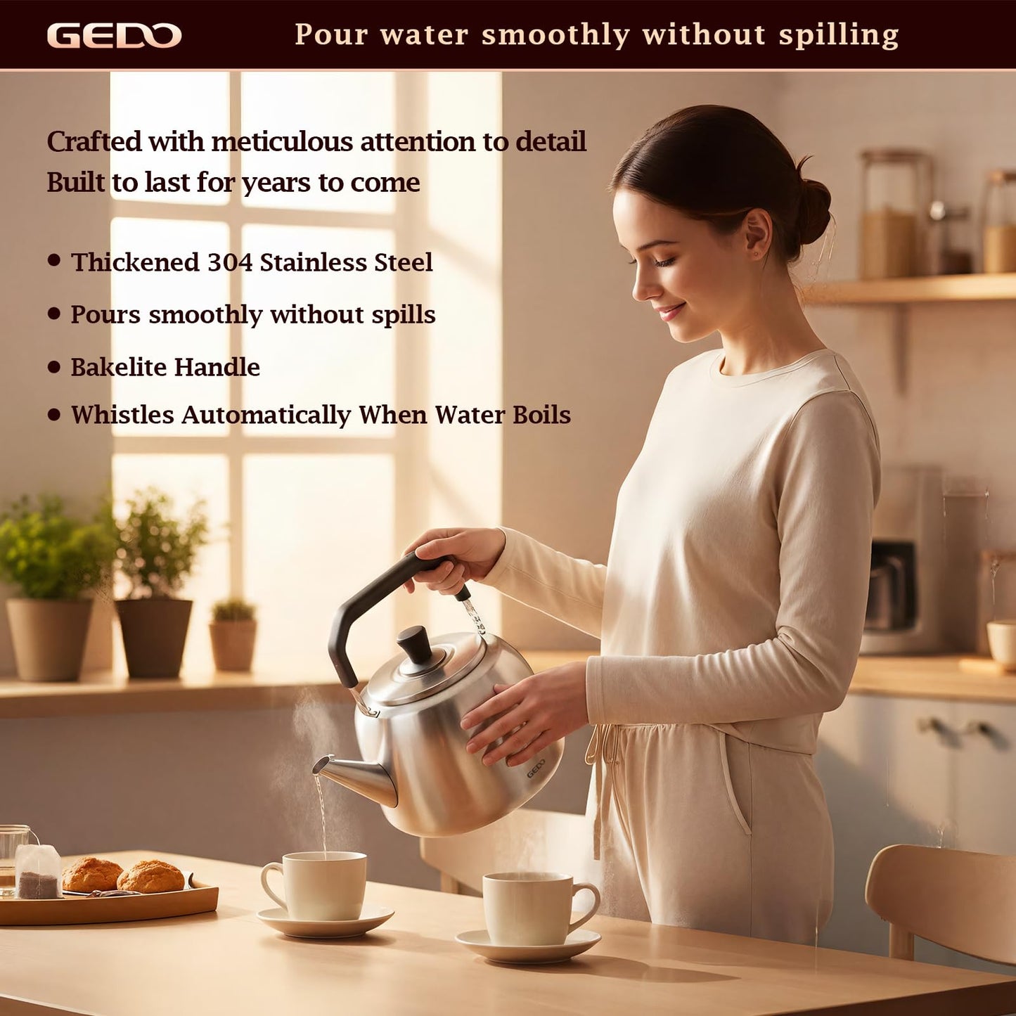 GEDO Stainless Steel Whistling Tea Kettle, 304 Food Grade, Large Capacity, Stovetop Kettle for Gas Stove and Induction Cooktop (4L/4.22QT)