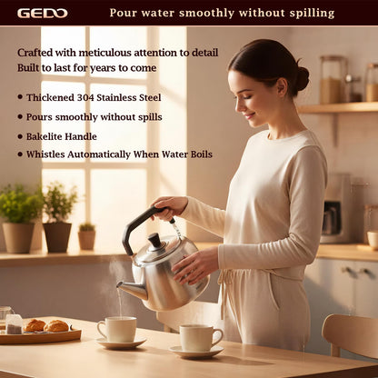 GEDO Stainless Steel Whistling Tea Kettle, 304 Food Grade, Large Capacity, Stovetop Kettle for Gas Stove and Induction Cooktop (4L/4.22QT)