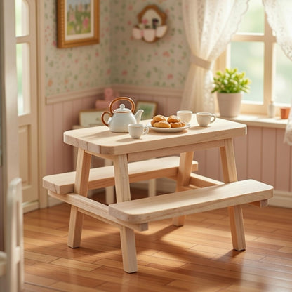 Garneck 1/12 Scale Miniature Dollhouse Picnic Table and Chairs Set: Wooden Tiny Dollhouse Furniture for DIY Micro Scenes Fairy Garden Decoration & Photography Prop