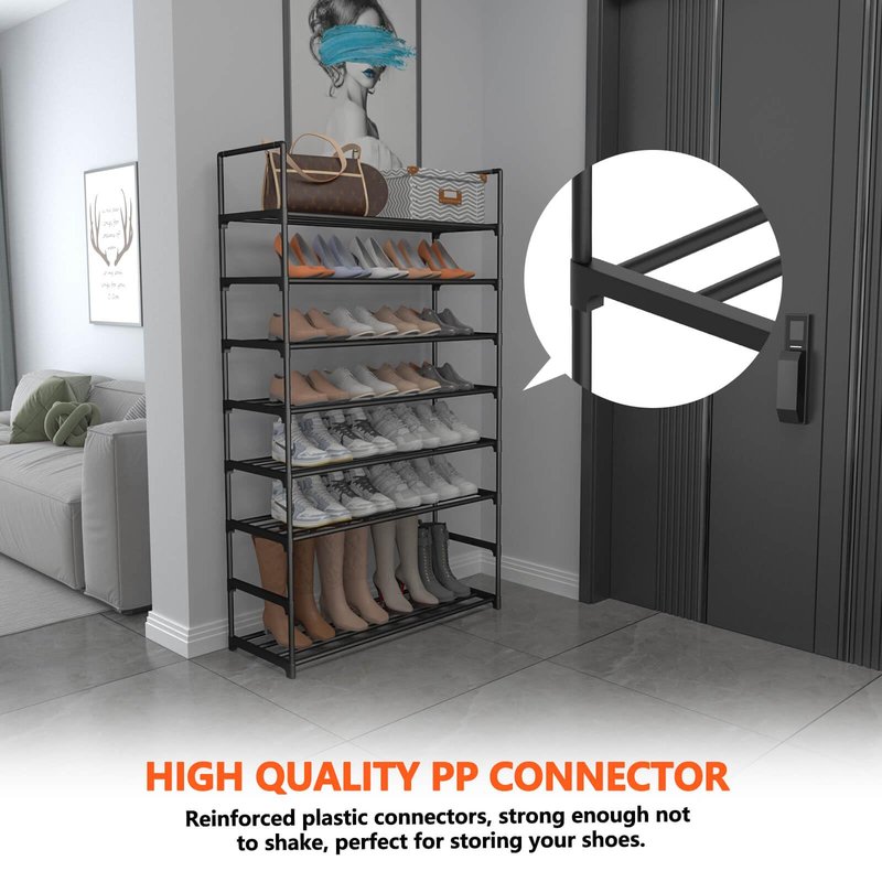 Hsscblet 8 Tiers Metal Shoe Rack,Adjustable Shoe Shelf Storage Organizer with Hooks,Stackable Boot & Shoe Storage,for Entryway,Hallway,Closet,Black