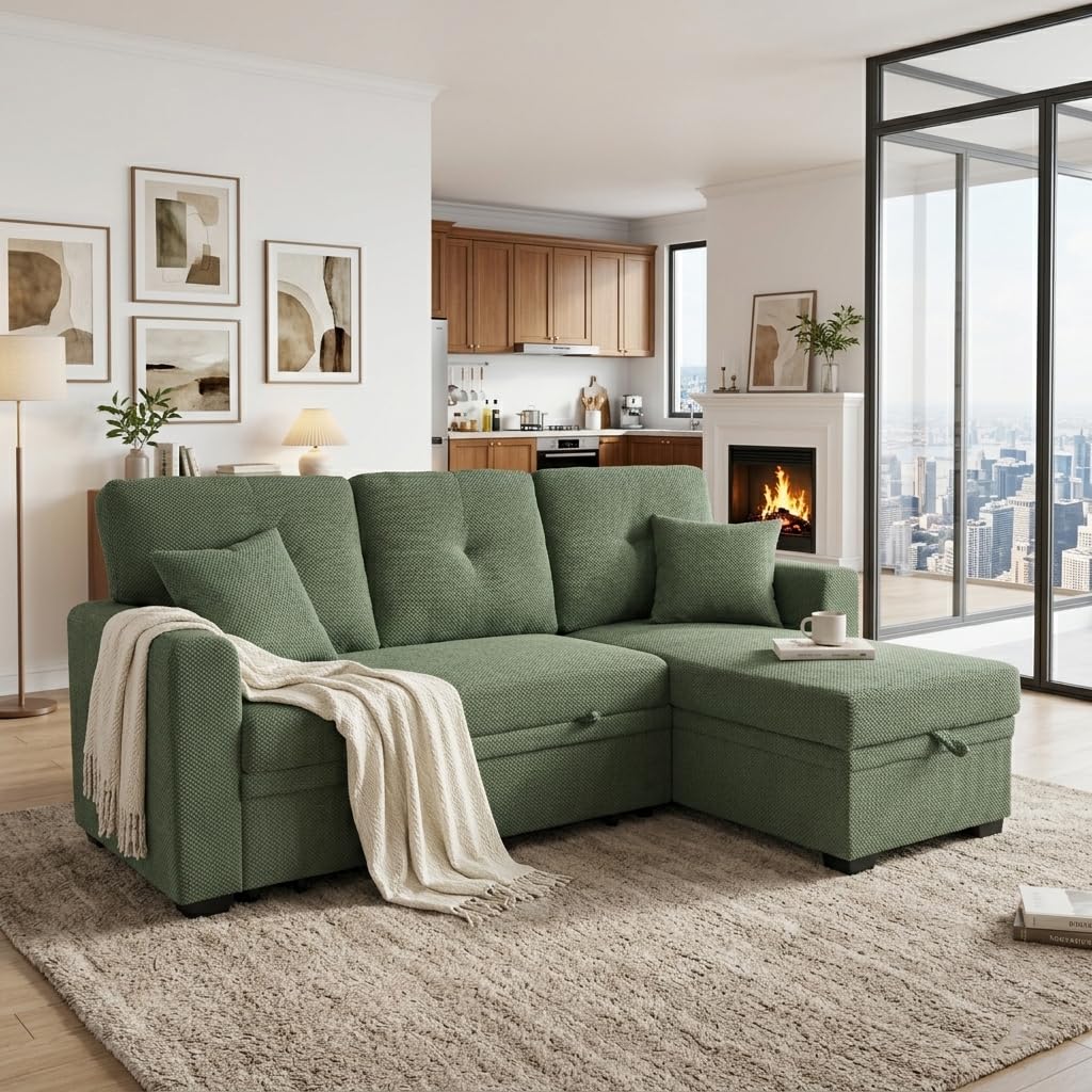 Eafurn 71" L Shaped Sectional Sleeper Sofa Bed with Pull Out Bed, Comfy Fabric Corner Sleeper Sectional Pull Out Couch with Tufted Backrest/Reversible Storage Chaise/2 Pillows