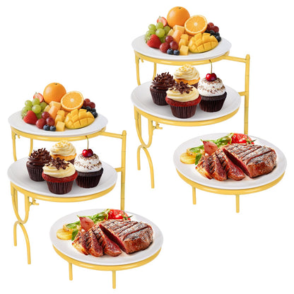 2 Set 3 Tiered Serving Stand with White Porcelain Plate Rotatable Dessert Table Display Set 10'' Round Tiered Serving Trays & Platters for Fruit Cake Cookie Dessert 2 Stand + 6 Plates