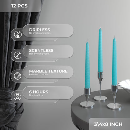 CANDWAX 8 inch Teal Taper Candles Set of 12 - Unscented Smokeless Dripless Tall Candlesticks - Perfect for Holidays, Ordinary Dinners and Special Occasions - Turquoise Taper Candles