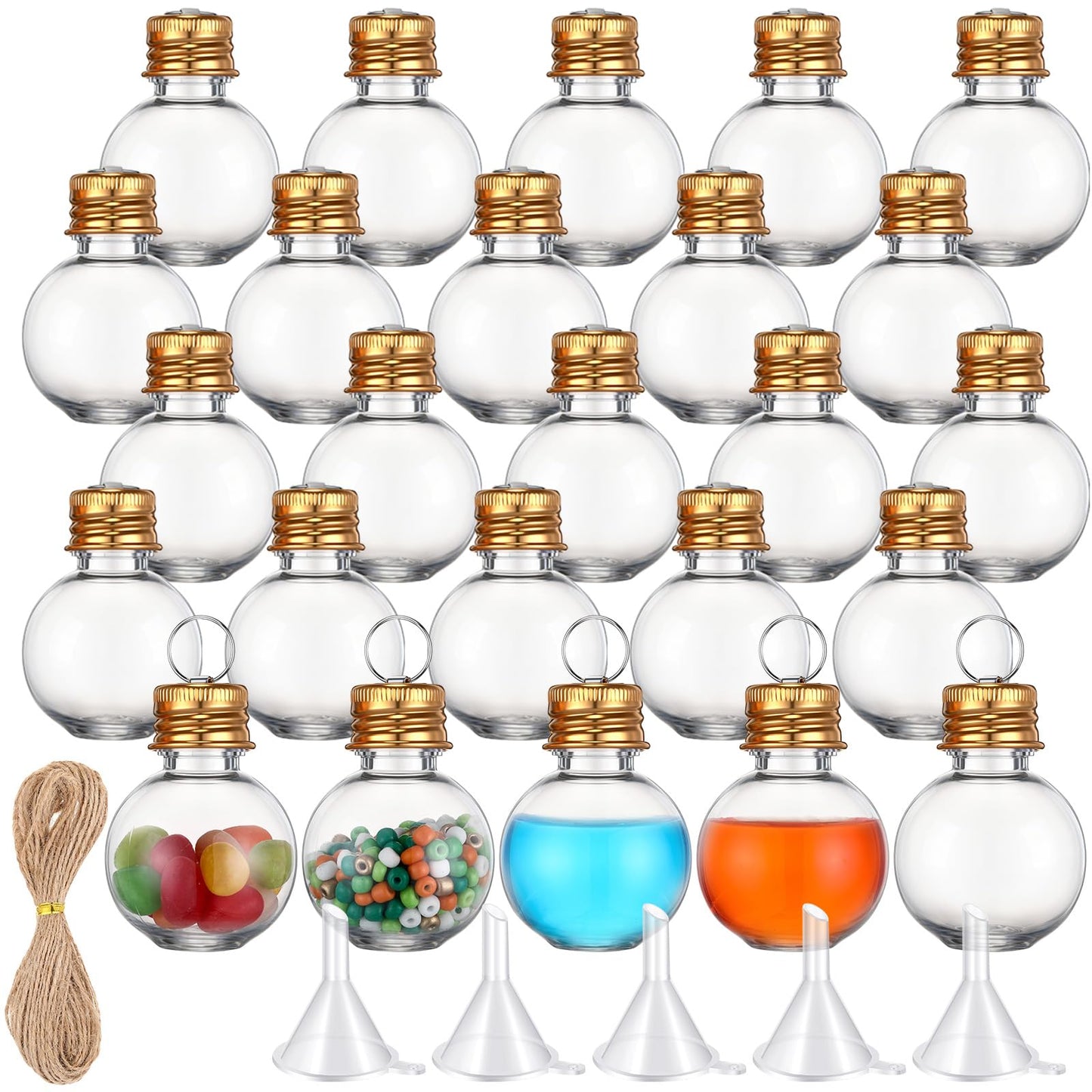 Bokon 25 Pack 1oz Mini Plastic Potion Bottles with Lids, Small Sand Art Bottles Ball Shaped Jar Tiny Clear Wishing Vial for Birthday Christmas Ornaments Halloween Party Decoration DIY Craft (Gold)