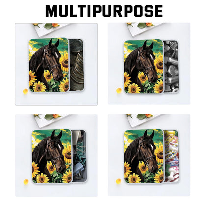 VACGBJPG Metal Tin Box with Lid for Game Cards Home Organizer Candles Keys Crafts Storage - Equipped with 4 Magnetic Cord Clips，Horses and Sunflowers
