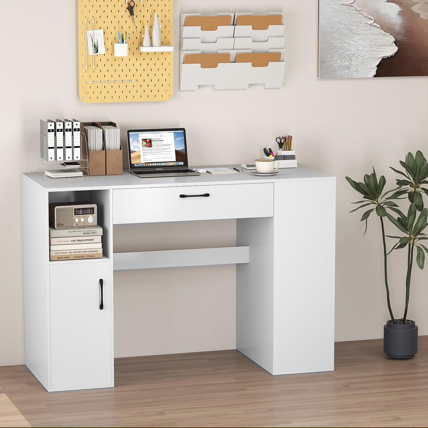 LDAILY Sewing Machine Table, Sewing Desk with Storage, Drafting Writing Sewing Station with Storage Cubes,1 Cabinet, 1 Drawer, 2 Adjustable Shelves, Artwork Craft Table for Home Office, White