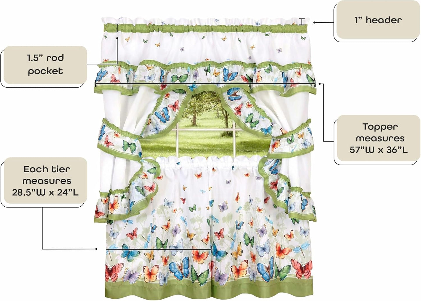 Printed Cottage Window Curtain Set - 57 Inch Width, 24 Inch Length - Green Butterflies - Polyester Soft Treatment