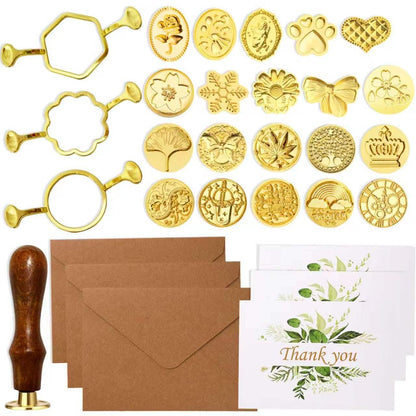 Wax Seal Stamp Kit,Vintage Classic Sealing Wax Stamp Heads with Wooden Handle & Metal Wax Seal Molds, with Envelope Greeting Card, for Gift Wrapping,Wedding, Party Invitations (Gold-A02)