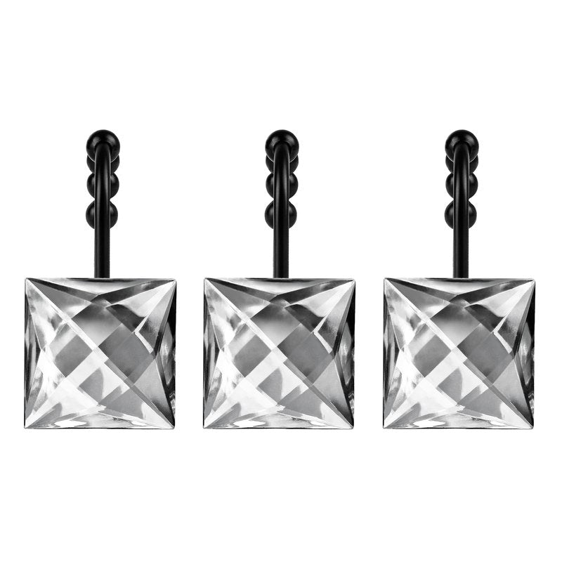 Sunlit Luxury Design Square Clear Diamond Crystal Gem Bling with Glide Balls Shower Curtain Hooks, Rust Proof Metal Rhinestones Glam Shower Curtain Rings with Black Hooks, Set of 12