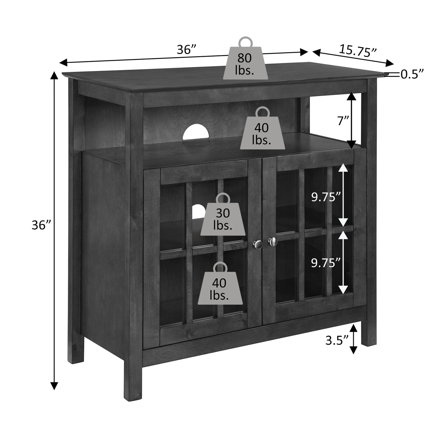 Convenience Concepts Big Sur Highboy TV Stand 36" - Modern Entertainment Center For TVs up to 40", Storage Cabinet for Dining, Living Room, & Entryway, Console Hall Table with Shelves, Weathered Gray