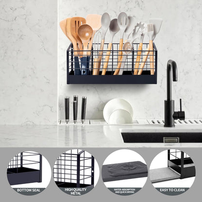 Dual-Use Large Utensil Holder with Effective Bottom Fence for Kitchen Counter & Wall Mount, 4-Compartment Organizer with Diatomaceous Earth Drying Mat, Holds 40 Cooking Tools, Iron, Matte Black 16 in