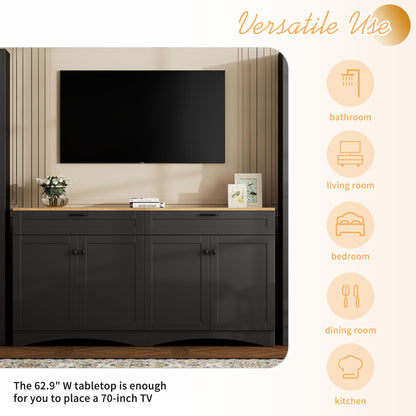 Ball & Cast Farmhouse TV Stand with 2 Drawers for TVs up to 70",Wood Grain Sideboard Buffet Cabinet w/Rustic Handles and Adjustable Shelf,Entertainment Center for Living Room,Bedroom,Black