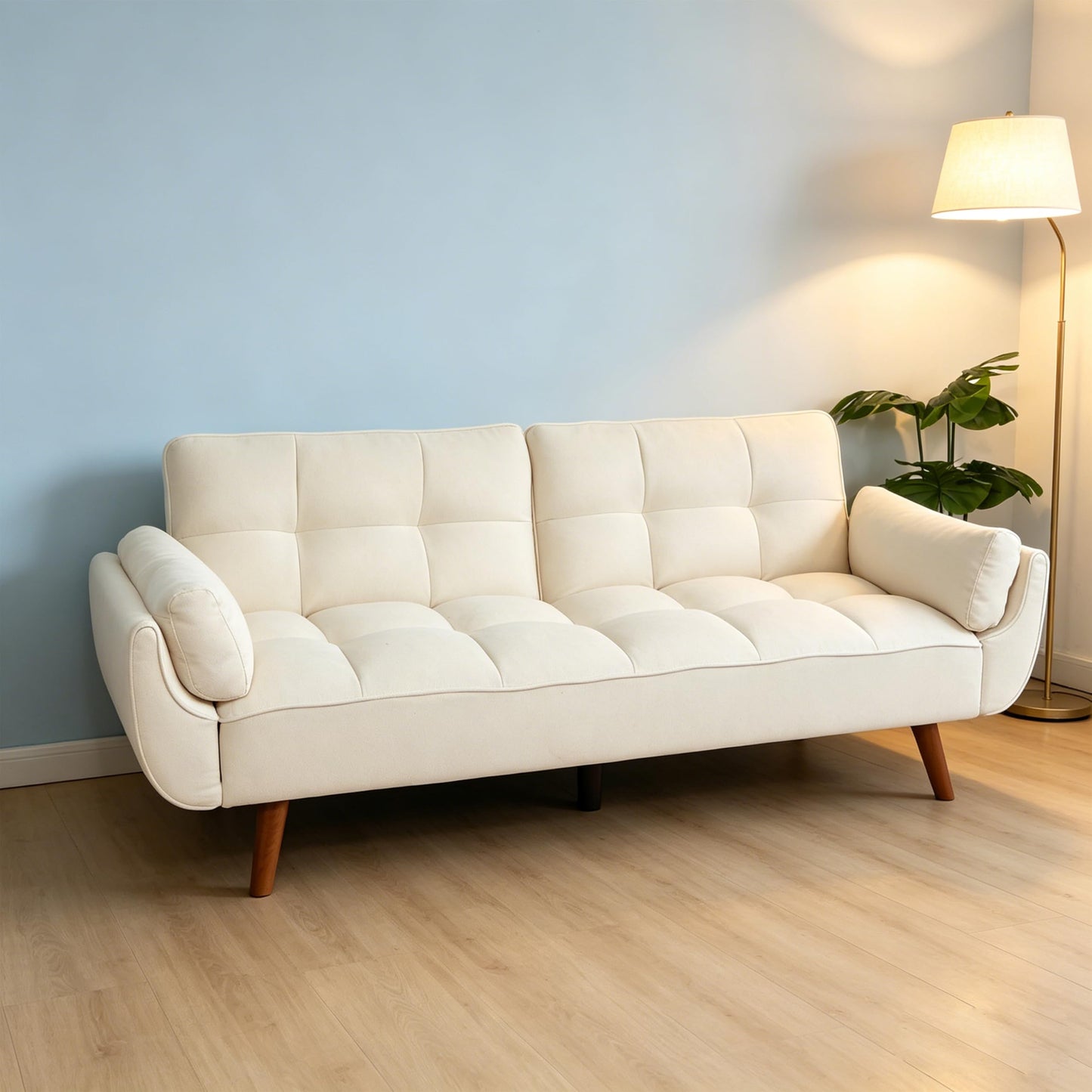 ERYE 75-Inch Upholstered Futon Sofabed for Bedroom Living Room, Modern Linen Tufted Convertible Futon Loveseat Sleeper Sofa Bed with Adjustable Backrest and Pillows