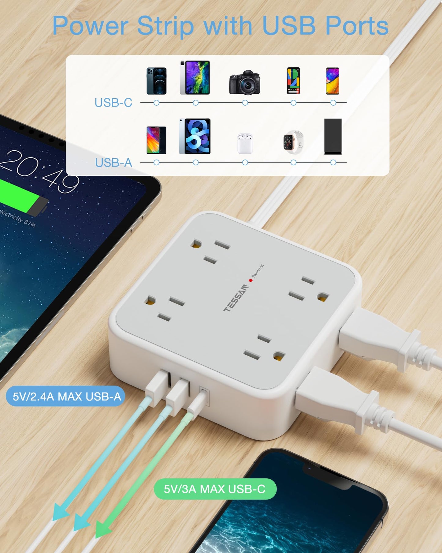 TESSAN Surge Protector Power Strip, 5 Ft Flat Plug Extension Cord with 3 USB (1 USB C) 8 Outlets, 900J Surge Protection, 3 Sided Outlet Extender with Power Switch for Office, Dorm Room Essentials