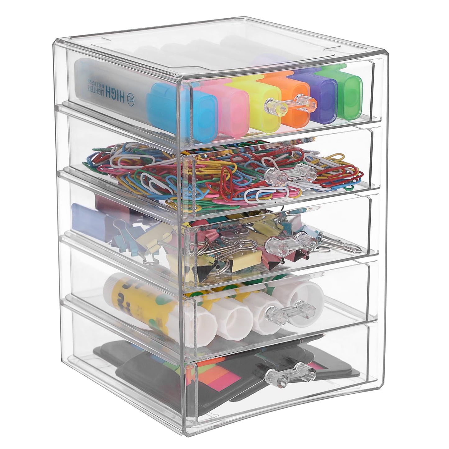 BTSKY Clear Acrylic Storage Organizer with Drawers, 5-Layer Desktop Organizer for Office Essentials, Multi-Purpose Stackable Container for Bathroom Vanity, Desk Makeup Jewelry Container Storage Box
