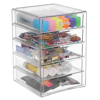 BTSKY Clear Acrylic Storage Organizer with Drawers, 5-Layer Desktop Organizer for Office Essentials, Multi-Purpose Stackable Container for Bathroom Vanity, Desk Makeup Jewelry Container Storage Box