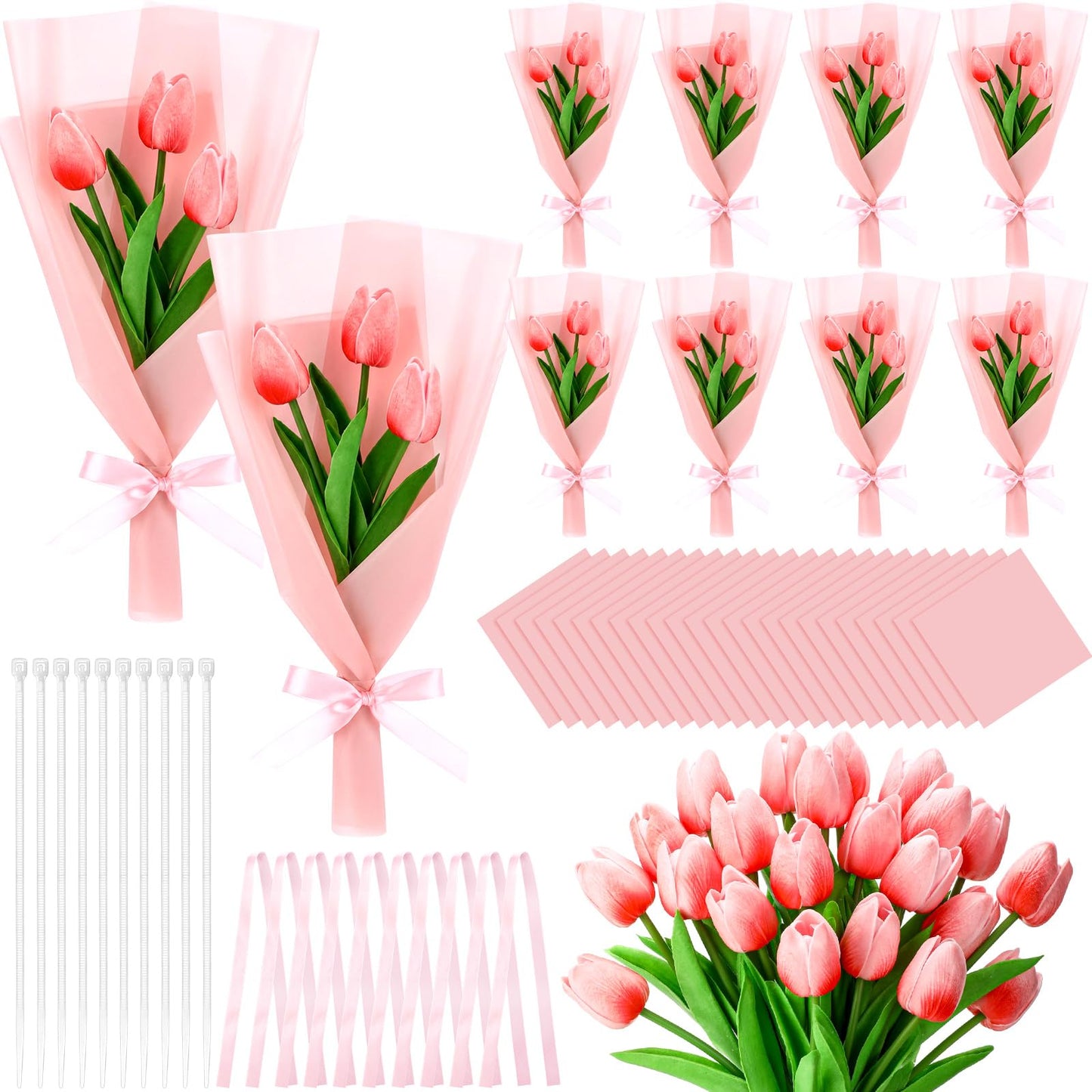 Zeyune Graduation Gifts Mini Faux Tulip Bouquet Kit, 10 DIY Artificial Tulip Flower Bouquets with Wrapping Paper and Ribbons, Class of 2026 Party Favors Gifts for Students Teachers Guests(Pink)
