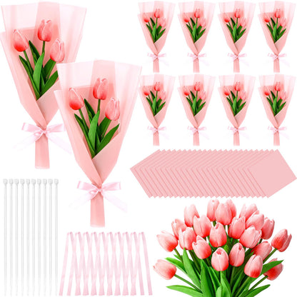 Zeyune Graduation Gifts Mini Faux Tulip Bouquet Kit, 10 DIY Artificial Tulip Flower Bouquets with Wrapping Paper and Ribbons, Class of 2026 Party Favors Gifts for Students Teachers Guests(Pink)