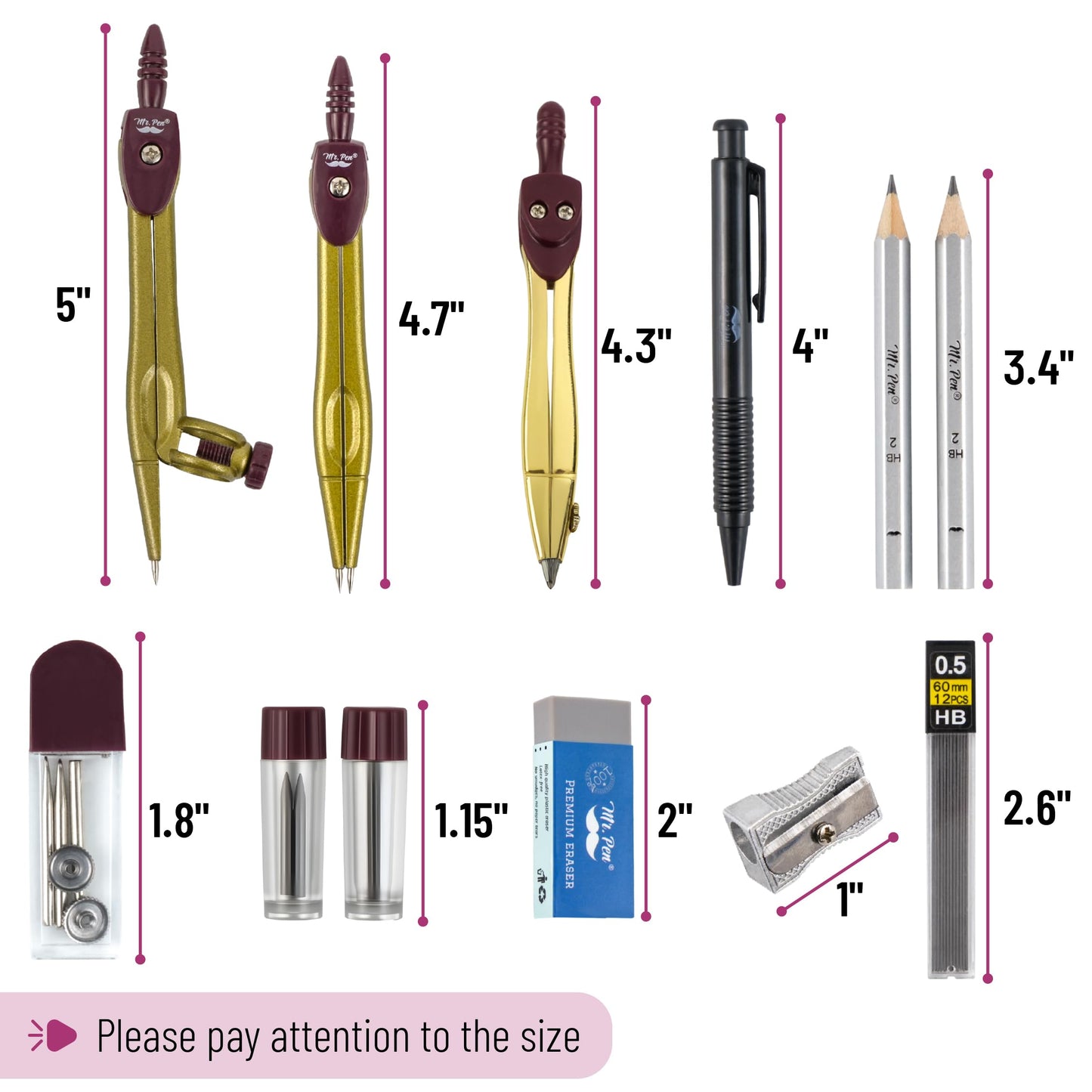 Mr. Pen- Geometry Set, 15 pcs, Gold, 6 Inch Swing Arm Protractor, Divider, Set Squares, Ruler, Compasses and Protractor