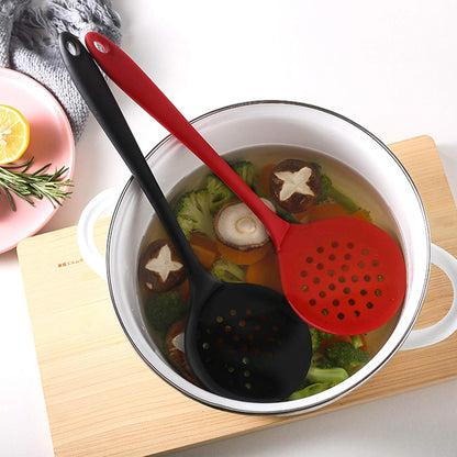 Silicone Skimmer Spoon Set 2, Non-Stick Cooking Slotted Strainer with Long Handle, Red and Black Kitchen Ladle